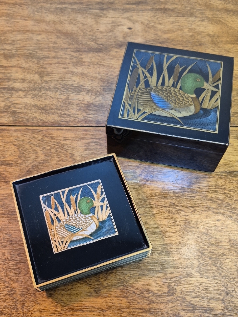 OTAGIRI Vintage Lacquerware 'Golden Mallard' Duck Coasters and Matching Box